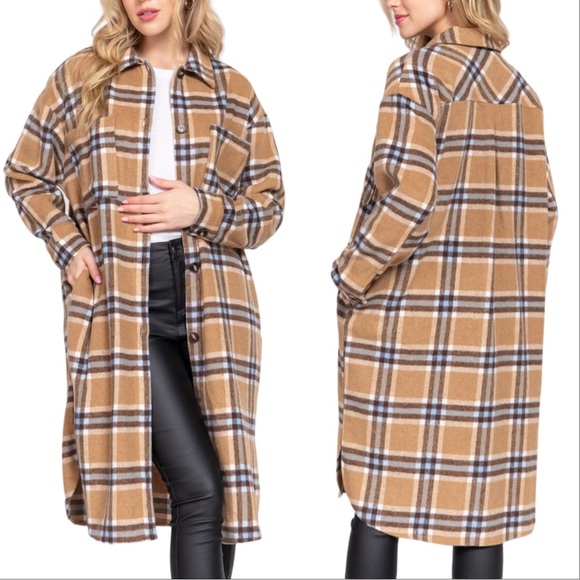 WOOL PLAID LONG SHACKET - TAUPE LIGHT BLUE - Picture 2 of 4